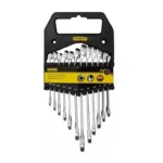 Juego de llaves combinadas Stanley de 12 piezas con medidas métricas y en pulgadas para trabajos de mecánica, mantenimiento y ensamblaje.