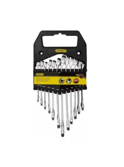 Juego de llaves combinadas Stanley de 12 piezas con medidas métricas y en pulgadas para trabajos de mecánica, mantenimiento y ensamblaje.