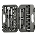 Juego de llaves copas Stanley de 26 piezas con encastre de 1/2 pulgada y medidas de 1/4" a 25/32" para trabajos mecánicos y de mantenimiento.