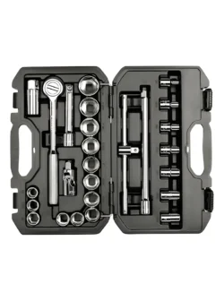 Juego de llaves copas Stanley de 26 piezas con encastre de 1/2 pulgada y medidas de 1/4" a 25/32" para trabajos mecánicos y de mantenimiento.