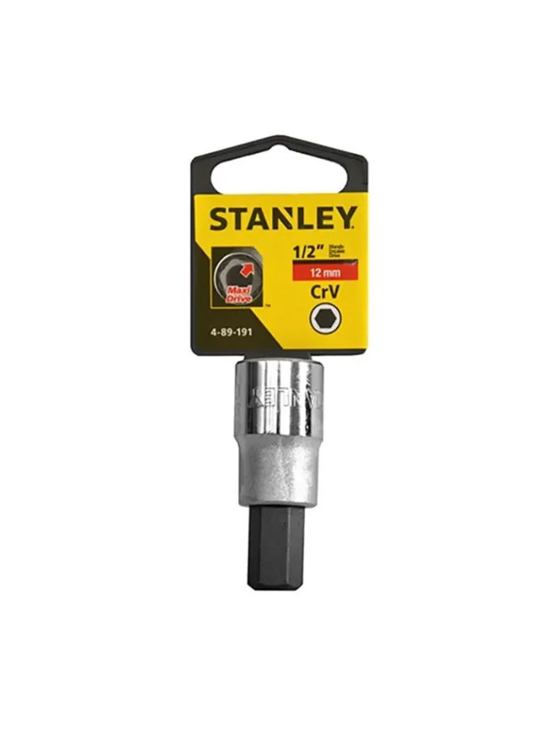 Llave copa Bristol corta Stanley de 12 mm con encastre de 1/2 pulgada para tornillos con hexágono interno en trabajos mecánicos.