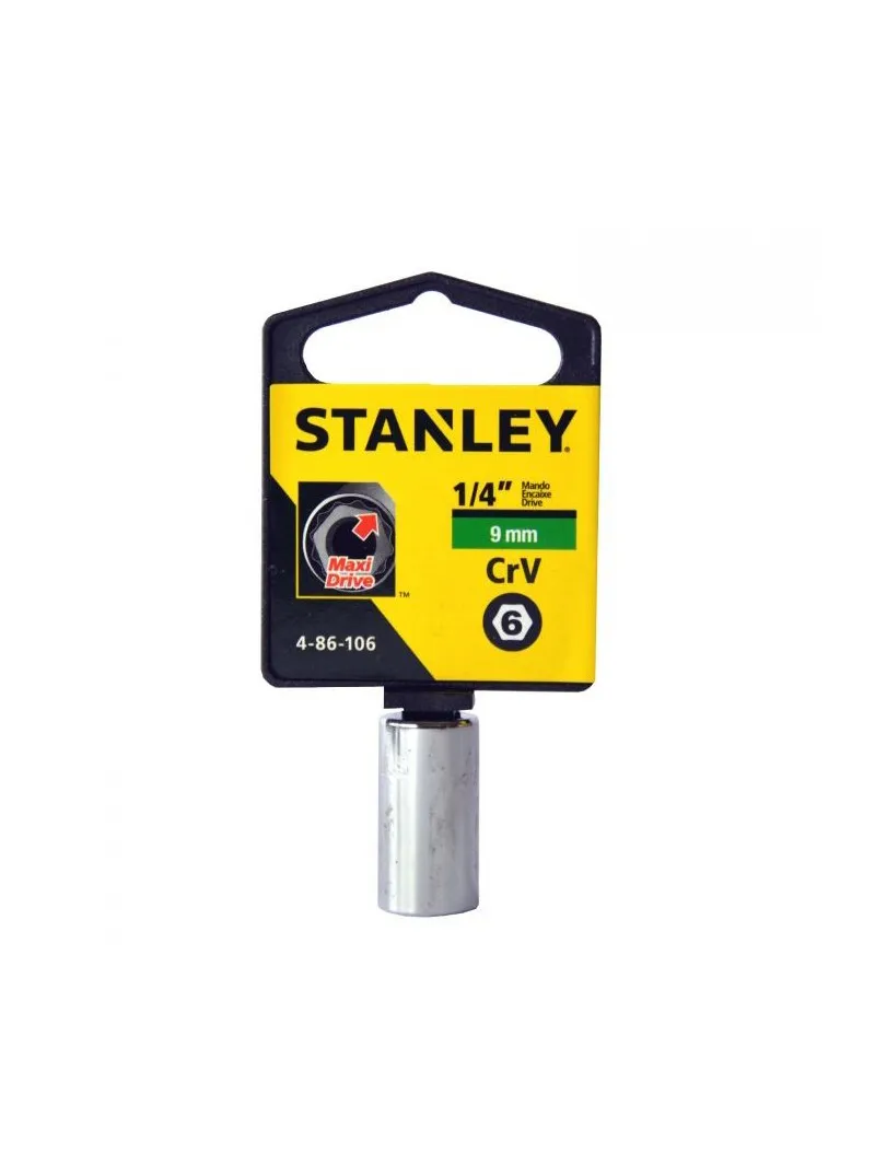 Llave copa corta CTE 1/4" hexagonal 9 mm Stanley Llave copa corta hexagonal Stanley de 9 mm con encastre de 1/4 pulgada para ajuste de tornillos y tuercas en trabajos mecánicos.