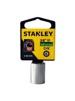 Llave copa corta hexagonal Stanley de 1/2" con encastre de 3/8 pulgada para ajuste de tornillos y tuercas en trabajos mecánicos.