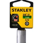 Llave copa corta hexagonal Stanley de 12 mm con encastre de 3/8 pulgada para ajuste de tornillos y tuercas en trabajos mecánicos.