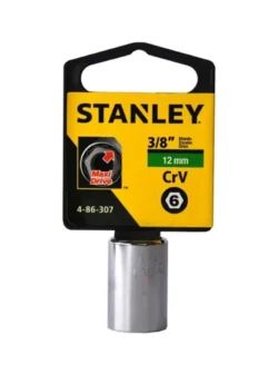 Llave copa corta hexagonal Stanley de 12 mm con encastre de 3/8 pulgada para ajuste de tornillos y tuercas en trabajos mecánicos.