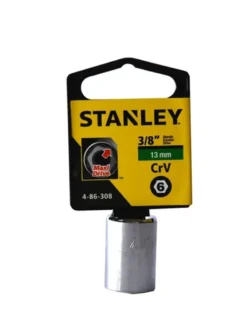 Llave copa corta hexagonal Stanley de 13 mm con encastre de 3/8 pulgada para ajuste de tornillos y tuercas en trabajos mecánicos.