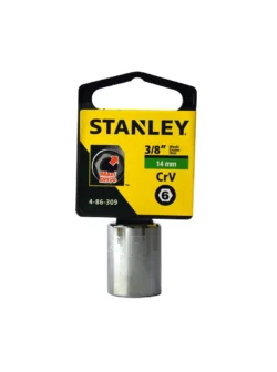 Llave copa corta hexagonal Stanley de 14 mm con encastre de 3/8 pulgada para ajuste de tornillos y tuercas en trabajos mecánicos.