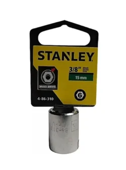 Llave copa corta hexagonal Stanley de 15 mm con encastre de 3/8 pulgada para ajuste de tornillos y tuercas en trabajos mecánicos.