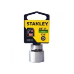Llave copa corta hexagonal Stanley de 19 mm con encastre de 3/8 pulgada para ajuste de tornillos y tuercas en trabajos mecánicos.
