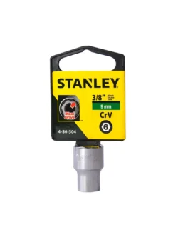 Llave copa corta hexagonal Stanley de 9 mm con encastre de 3/8 pulgada para ajuste de tornillos y tuercas en trabajos mecánicos.