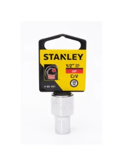 Llave copa corta estriada de 12 puntos Stanley de 3/8" con encastre de 1/2 pulgada para ajuste de tornillos y tuercas en trabajos mecánicos.