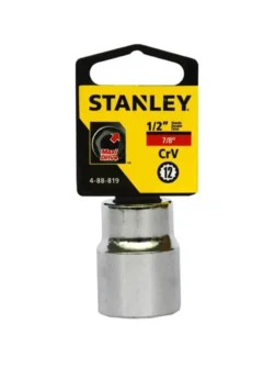 Llave copa corta estriada de 12 puntos Stanley de 7/8" con encastre de 1/2 pulgada para ajuste de tornillos y tuercas en trabajos mecánicos.