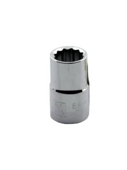 Llave copa corta estriada de 12 puntos Stanley de 9/16" con encastre de 1/2 pulgada para ajuste de tornillos y tuercas en trabajos mecánicos.