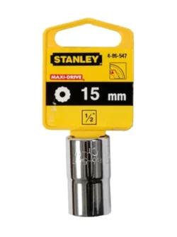 Llave copa estriada Stanley 4-86-547 de 15 mm con diseño de 12 puntos y encastre de 1/2 pulgada para trabajos mecánicos.