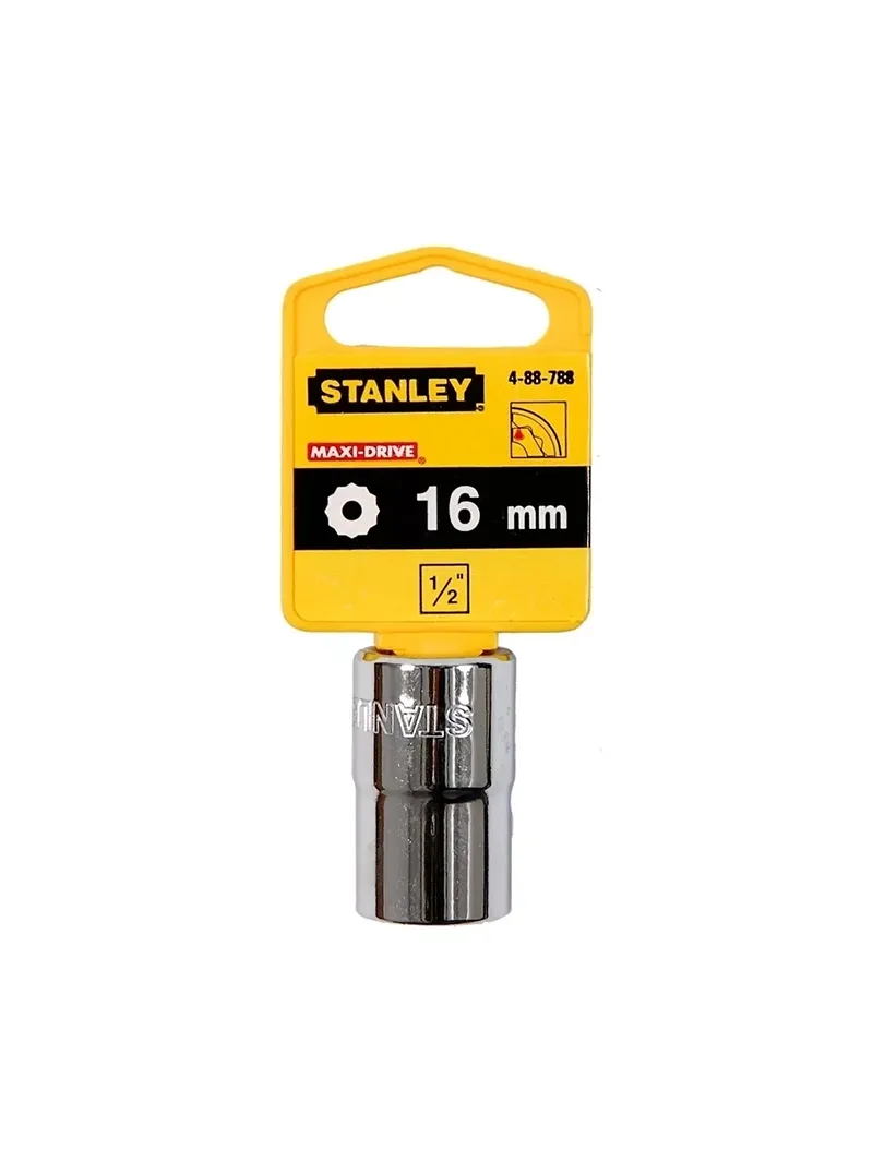 Llave copa estriada 12 puntos CTE 1/2" 16 mm Stanley 4-88-788 Llave copa estriada Stanley 4-88-788 de 16 mm con diseño de 12 puntos y encastre de 1/2 pulgada para trabajos mecánicos.