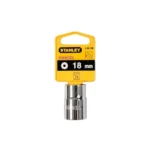 Llave copa estriada de 12 puntos Stanley de 18 mm con encastre de 1/2 pulgada para ajuste de tornillos y tuercas en trabajos mecánicos.