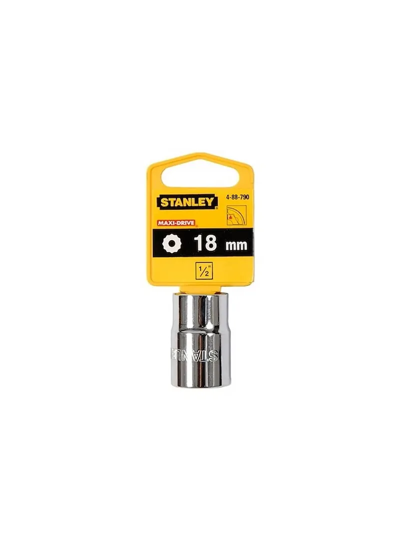 Llave copa estriada 12 puntos CTE 1/2" 18 mm Stanley Llave copa estriada de 12 puntos Stanley de 18 mm con encastre de 1/2 pulgada para ajuste de tornillos y tuercas en trabajos mecánicos.