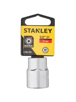 Llave copa estriada de 12 puntos Stanley de 21 mm con encastre de 1/2 pulgada para ajuste de tornillos y tuercas en trabajos mecánicos.