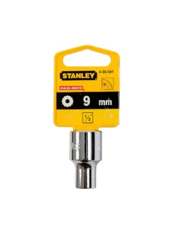 Llave copa estriada de 12 puntos Stanley de 9 mm con encastre de 1/2 pulgada para ajuste de tornillos y tuercas en trabajos mecánicos.