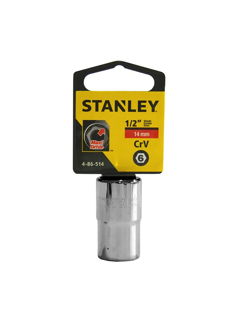 Llave copa hexagonal 1/2" 14 mm Stanley 4-86-514 Llave copa hexagonal Stanley 4-86-514 de 14 mm con encastre de 1/2 pulgada para ajuste de tornillos y tuercas en trabajos mecánicos.