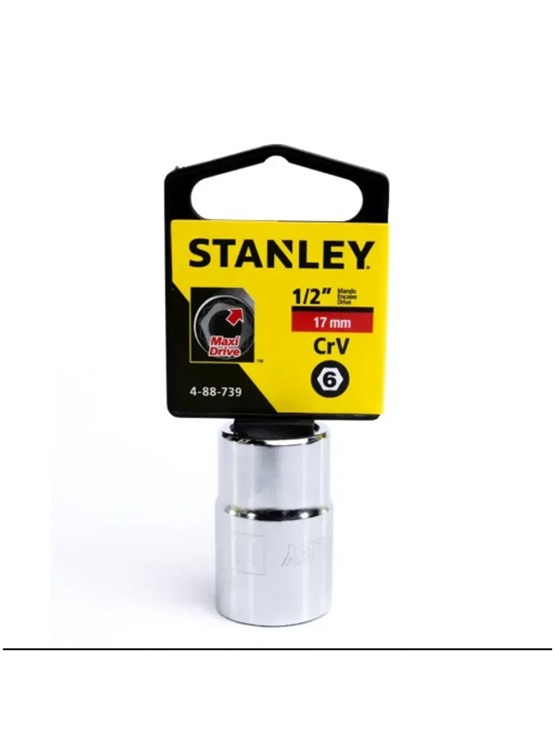 Llave copa hexagonal CTE 1/2" 17 mm Stanley 4-88-739 Llave copa hexagonal Stanley 4-88-739 de 17 mm con encastre de 1/2 pulgada para ajuste de tornillos y tuercas en trabajos mecánicos.