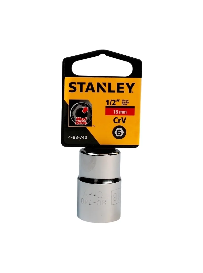 Llave copa hexagonal CTE 1/2" 18 mm Stanley 4-88-740 Llave copa hexagonal Stanley 4-88-740 de 18 mm con encastre de 1/2 pulgada para ajuste de tornillos y tuercas en trabajos mecánicos.