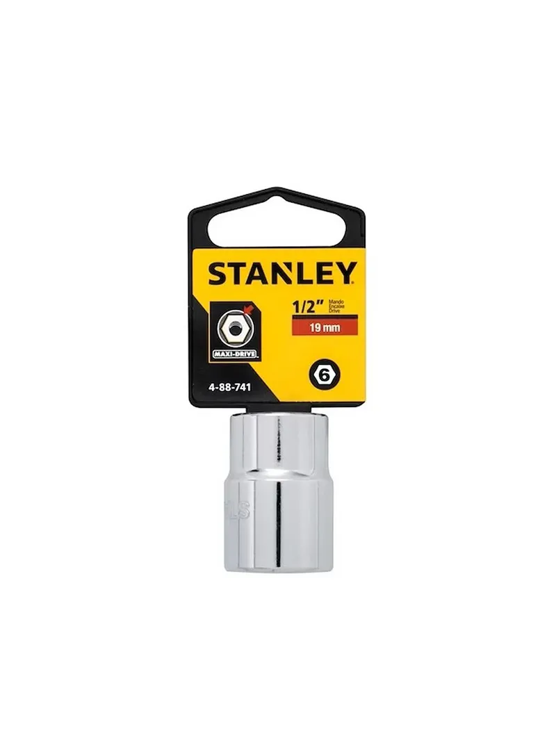 Llave copa hexagonal CTE 1/2" 19 mm Stanley 4-88-741 Llave copa hexagonal Stanley 4-88-741 de 19 mm con encastre de 1/2 pulgada para ajuste de tornillos y tuercas en trabajos mecánicos.