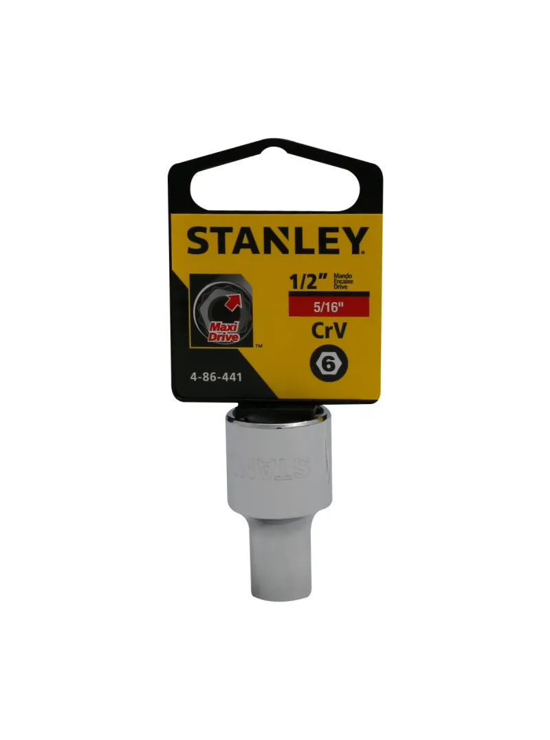 Llave copa hexagonal CTE 1/2" 5/16" Stanley 4-86-441 Llave copa hexagonal Stanley 4-86-441 de 5/16" con encastre de 1/2 pulgada para ajuste de tornillos y tuercas en trabajos mecánicos.