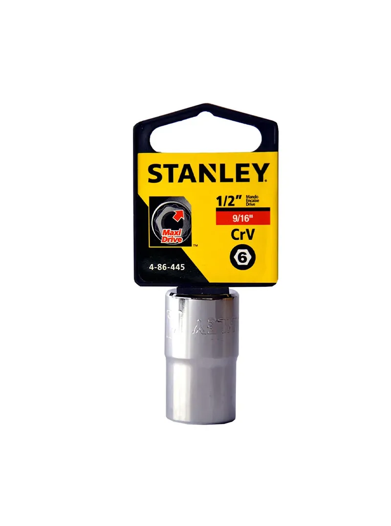 Llave copa hexagonal CTE 1/2" 9/16" Stanley 4-86-445 Llave copa hexagonal Stanley 4-86-445 de 9/16" con encastre de 1/2 pulgada para ajuste de tornillos y tuercas en trabajos mecánicos.