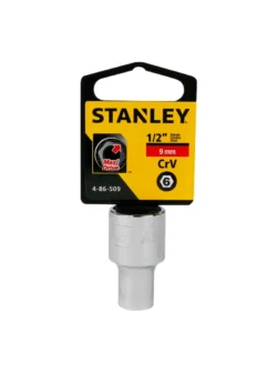 Llave copa hexagonal Stanley de 9 mm con encastre de 1/2 pulgada para ajuste de tornillos y tuercas en trabajos mecánicos.