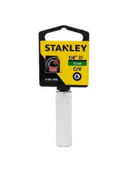 Llave copa larga hexagonal Stanley de 10 mm con encastre de 1/4 pulgada para ajuste de tornillos y tuercas en trabajos mecánicos.
