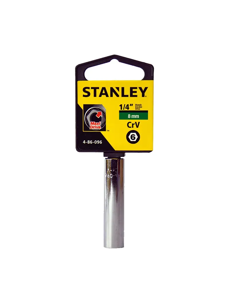 Llave copa larga CTE 1/4" hexagonal 8 mm Stanley Llave copa larga hexagonal Stanley de 8 mm con encastre de 1/4 pulgada para ajuste de tornillos y tuercas en trabajos mecánicos.