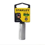 Llave copa larga hexagonal Stanley de 1/2" con encastre de 3/8 pulgada para ajuste de tornillos y tuercas en trabajos mecánicos.