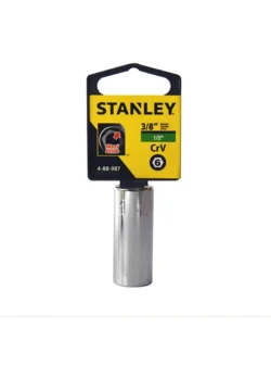 Llave copa larga hexagonal Stanley de 1/2" con encastre de 3/8 pulgada para ajuste de tornillos y tuercas en trabajos mecánicos.