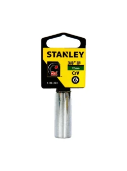 Llave copa larga hexagonal Stanley de 12 mm con encastre de 3/8 pulgada para ajuste de tornillos y tuercas en trabajos mecánicos.