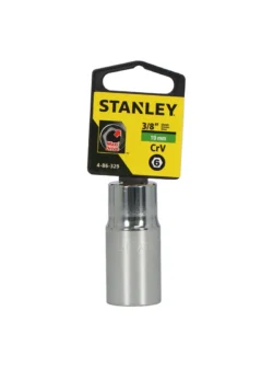 Llave copa larga hexagonal Stanley de 19 mm con encastre de 3/8 pulgada para ajuste de tornillos y tuercas en trabajos mecánicos.