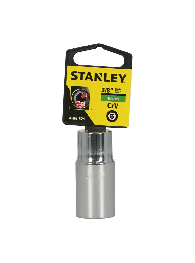 Llave copa larga CTE 3/8" hexagonal 19 mm Stanley Llave copa larga hexagonal Stanley de 19 mm con encastre de 3/8 pulgada para ajuste de tornillos y tuercas en trabajos mecánicos.