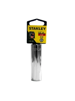 Llave copa larga estriada Stanley de 11/16" con encastre de 1/2 pulgada para ajuste de tornillos y tuercas en trabajos mecánicos.