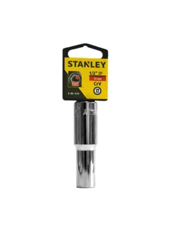 Llave copa larga estriada Stanley de 12 mm con encastre de 1/2 pulgada para ajuste de tornillos y tuercas en trabajos mecánicos.