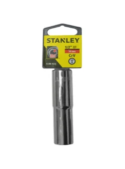 Llave copa larga estriada Stanley de 14 mm con encastre de 1/2 pulgada para ajuste de tornillos y tuercas en trabajos mecánicos.