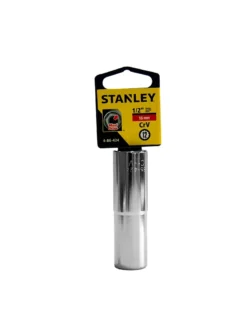 Llave copa larga estriada Stanley de 16 mm con encastre de 1/2 pulgada para ajuste de tornillos y tuercas en trabajos mecánicos.