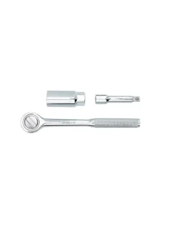 Kit Stanley con llave copa para bujías, extensor y rachet de encastre de 3/8 pulgada para mantenimiento automotriz.
