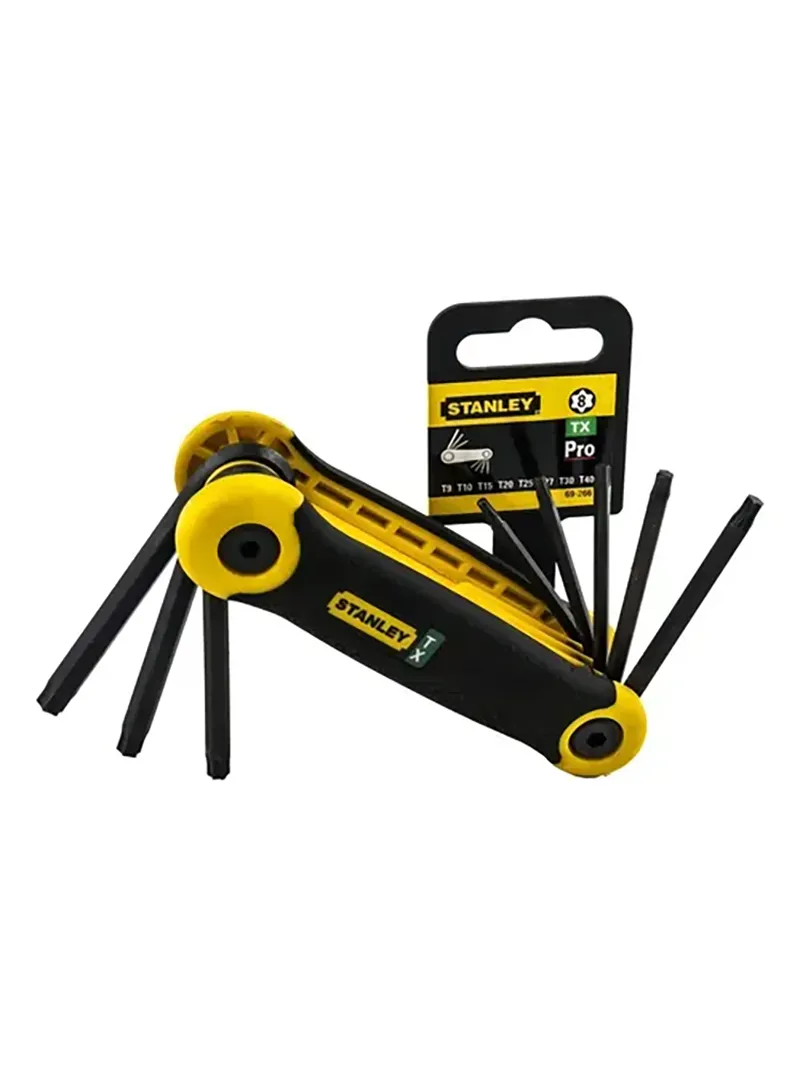 Llave Torx tipo navaja 8 piezas T9 a T40 Stanley 69-266 Juego de llaves Torx tipo navaja Stanley 69-266 de 8 piezas en medidas T9 a T40 para ajustes y trabajos de mantenimiento.