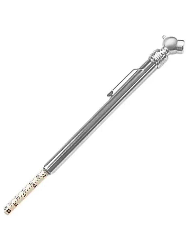 Medidor calibrador para aire Stanley 79-053LA con rango de medición de 5 a 50 PSI para verificar la presión de neumáticos.