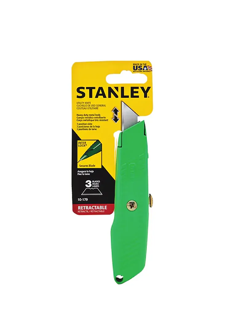 Navaja de mano retráctil metálica Stanley 10-179 Navaja de mano retráctil metálica Stanley 10-179 para cortes precisos en diferentes materiales y aplicaciones de trabajo.