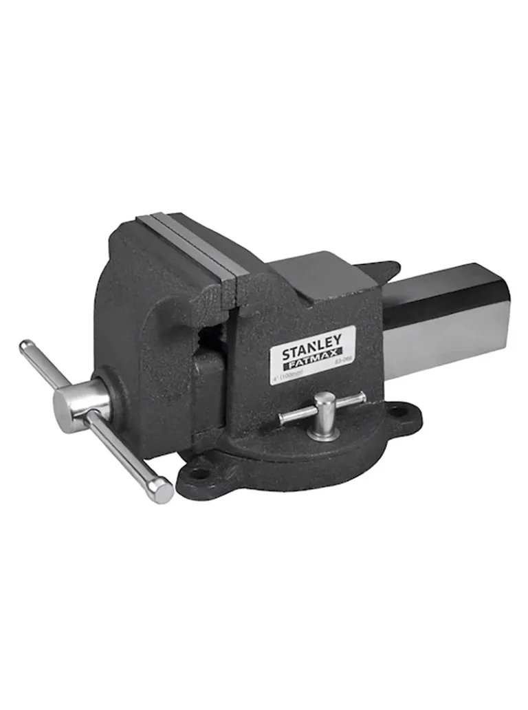 Prensa de banco Stanley 83-066 No. 4 con base giratoria para sujetar piezas firmemente en trabajos de taller y reparación.