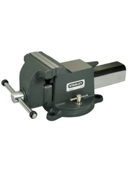 Prensa de banco Stanley 83-067 No. 5 con base giratoria para sujetar piezas de forma firme durante trabajos de corte, perforación y ensamblaje.