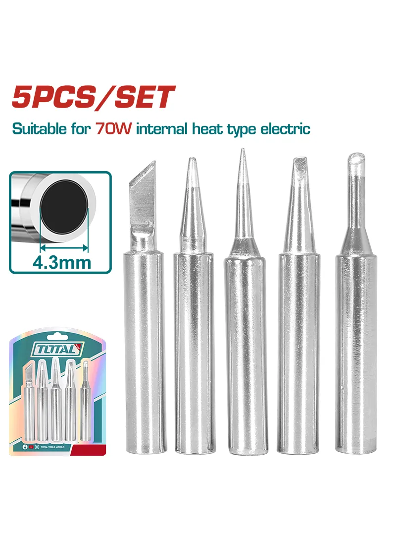 Set de 5 puntas de soldador TOTAL para cautín 70W Set TOTAL de 5 puntas de soldador de cobre para cautines eléctricos de 70W.