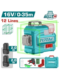 Nivel láser verde TOTAL 16V con una línea horizontal y dos líneas verticales de 360