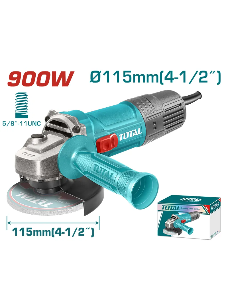 Pulidora angular TOTAL 900W 4-1/2" Pulidora angular TOTAL de 900W con disco de 4-1/2" y velocidad de 12000 rpm